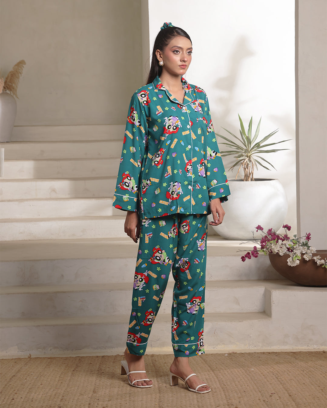 Linen Pajama Suit with Scrunchie - Green Vibe