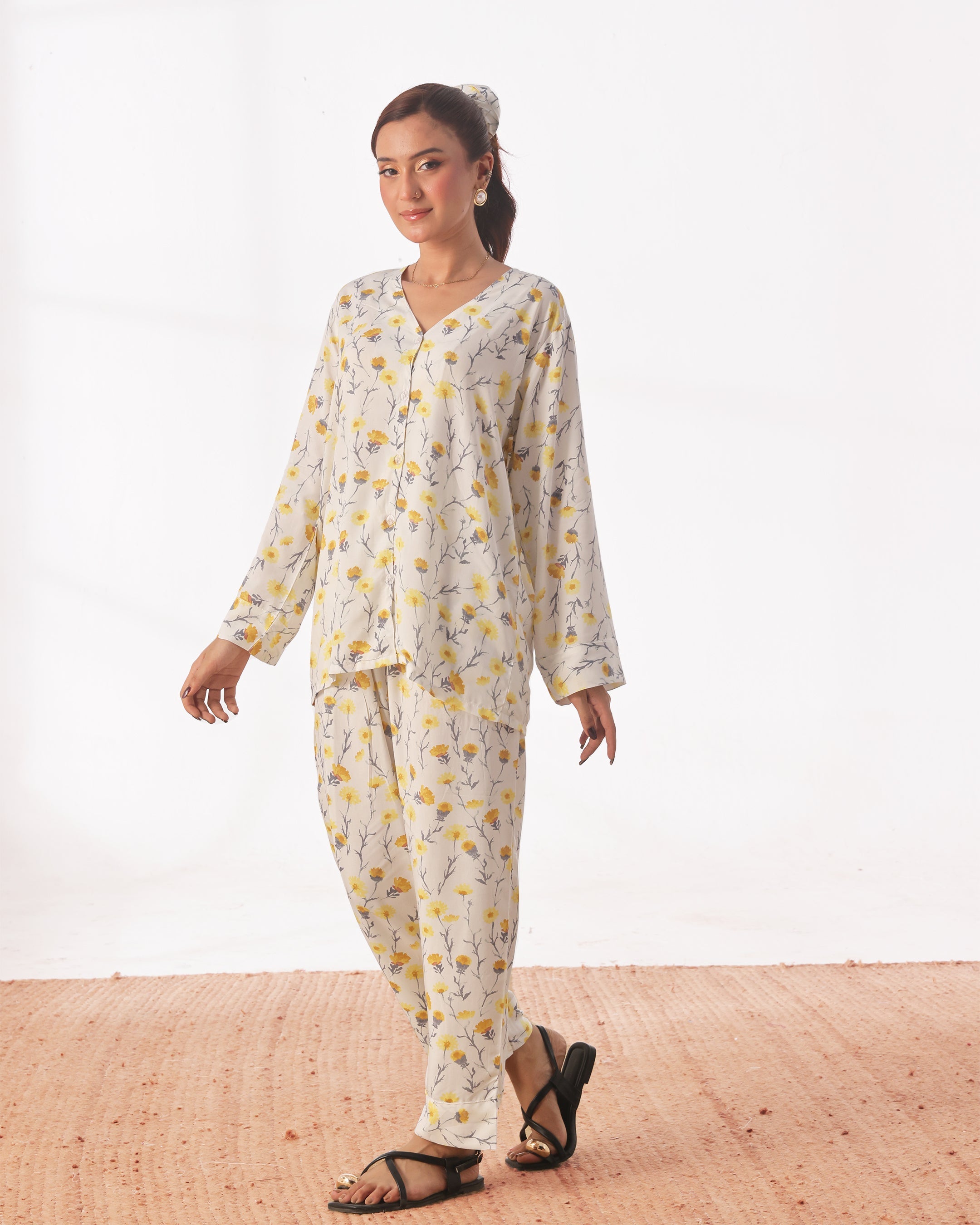 Linen Pajama Suit with Scrunchie - Sunlit Bloom