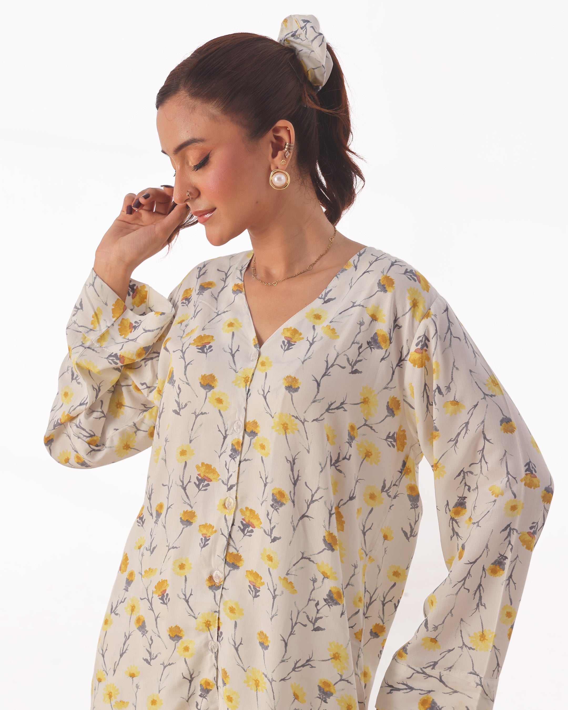 Linen Pajama Suit with Scrunchie - Sunlit Bloom