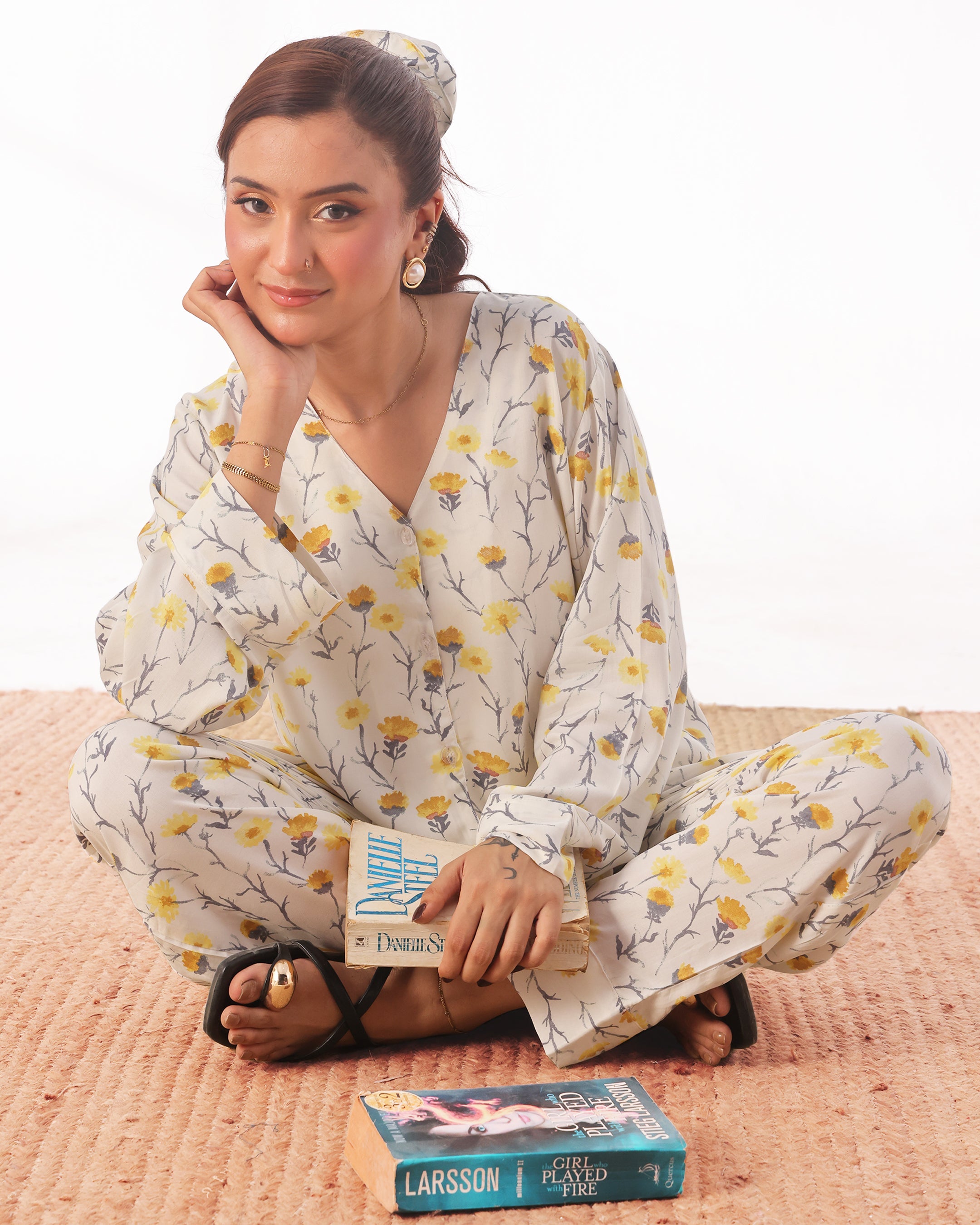 Linen Pajama Suit with Scrunchie - Sunlit Bloom