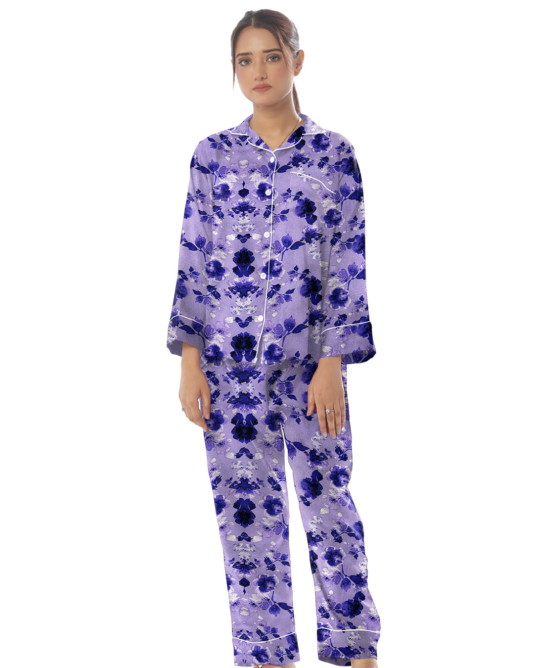 Linen Pajama Suit with Scrunchie - Moonlit Flowers