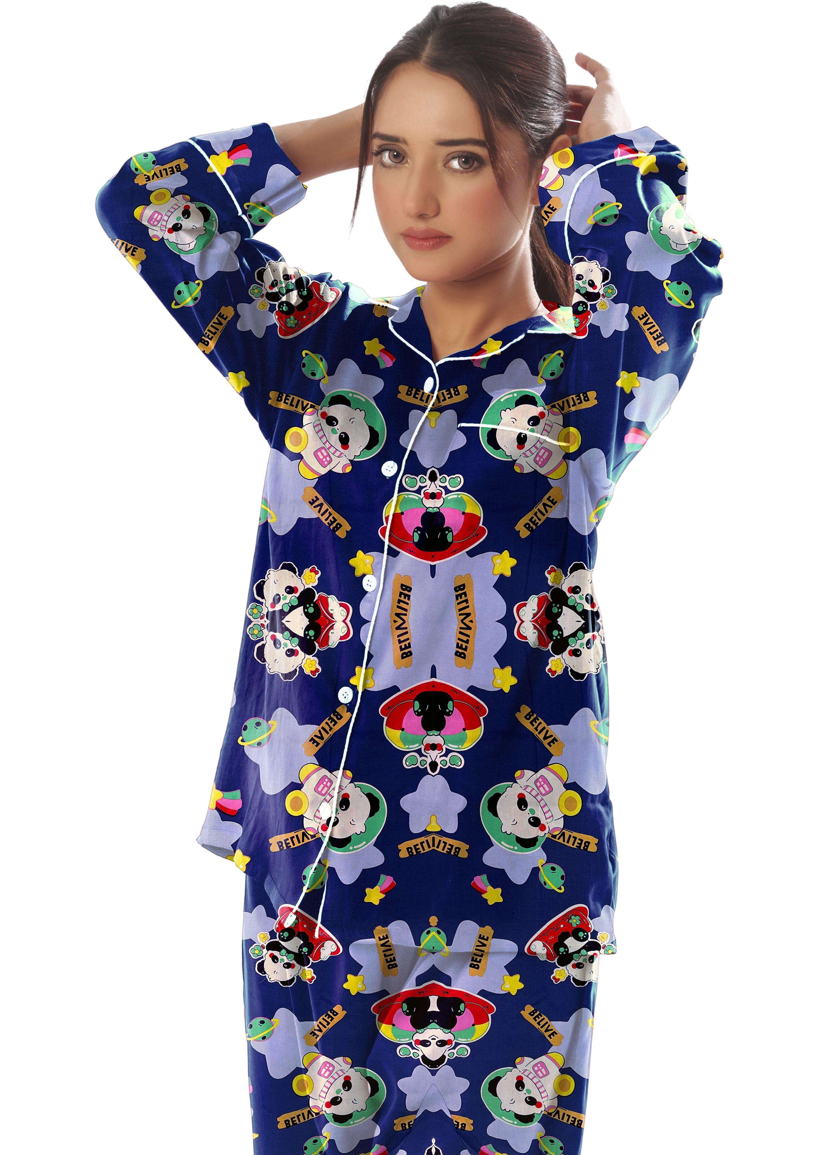 Linen Pajama Suit with Scrunchie - Starry Mood