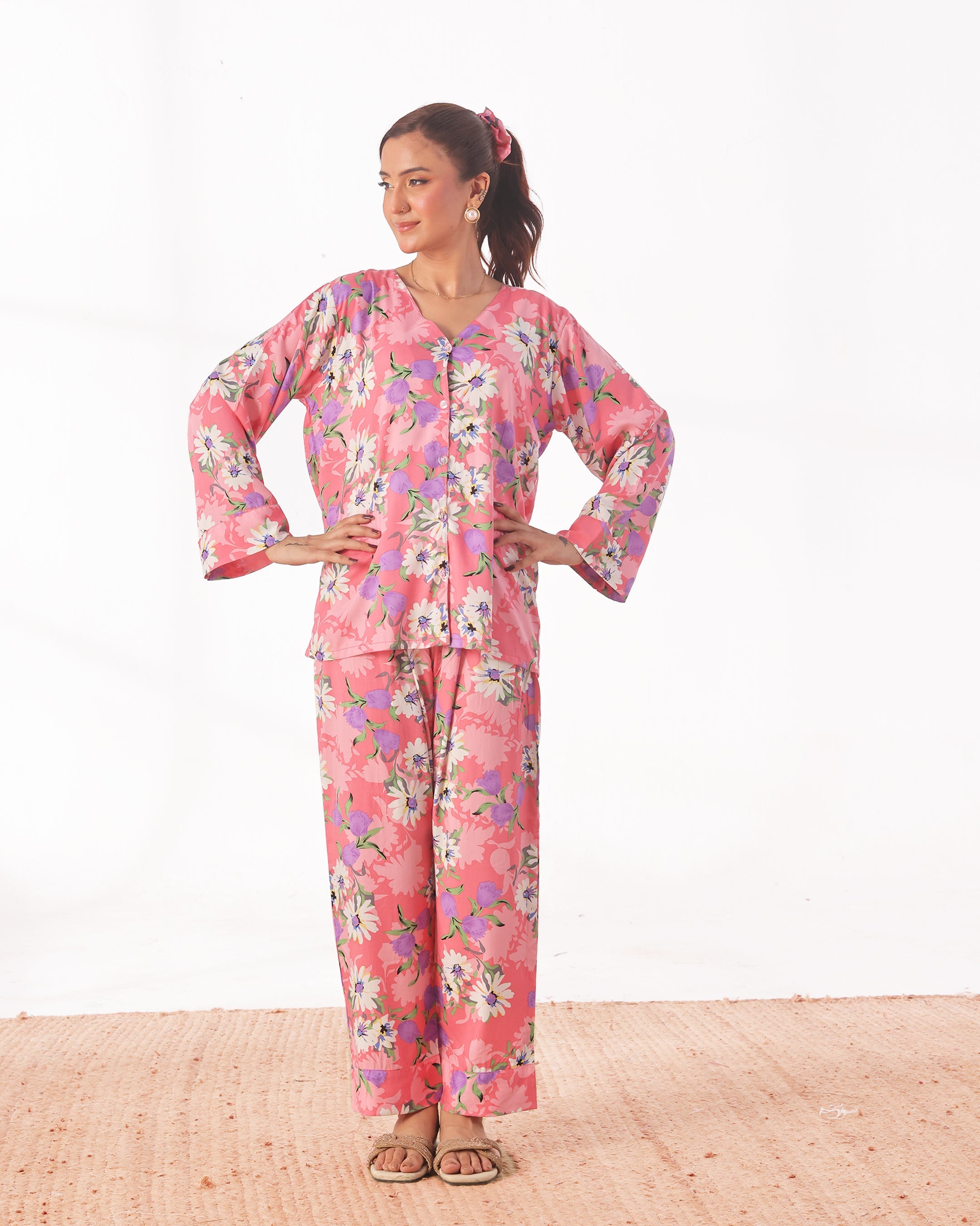 Linen Pajama Suit with Scrunchie - Blossom Hue