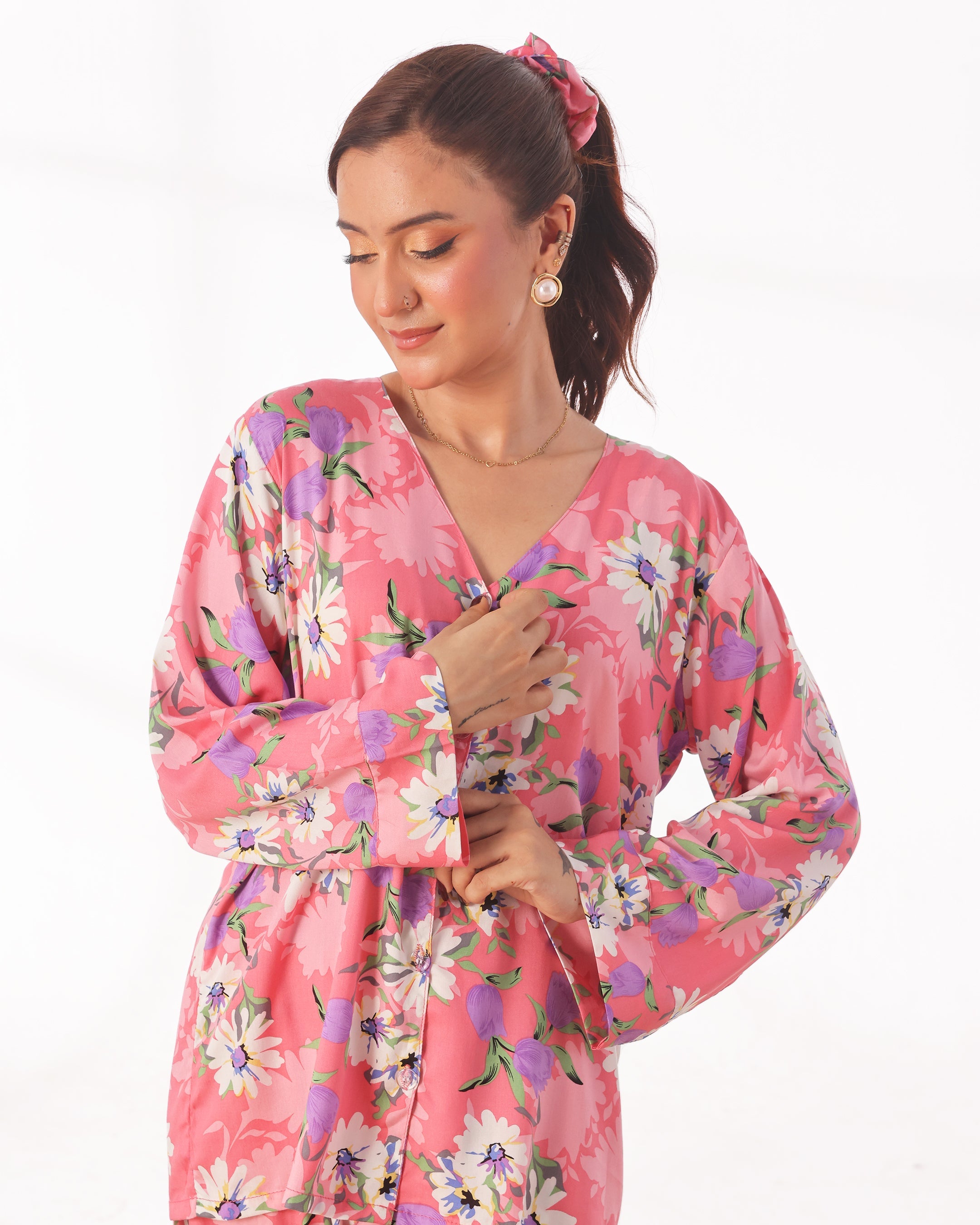 Linen Pajama Suit with Scrunchie - Blossom Hue