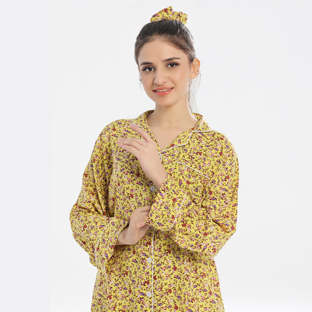 Linen Pajama Suit with Scrunchie - Scarlet Slumber