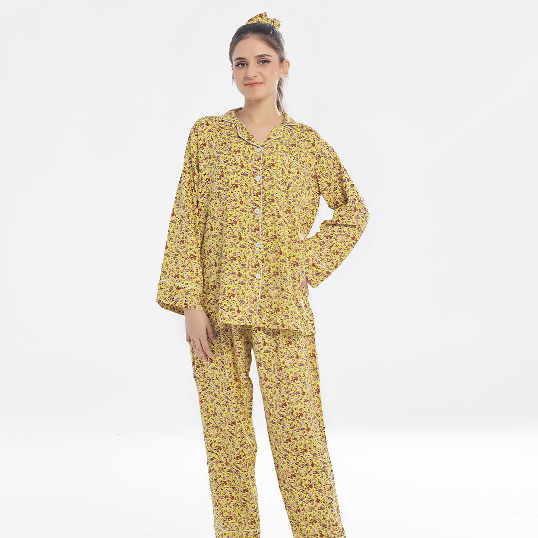 Linen Pajama Suit with Scrunchie - Scarlet Slumber