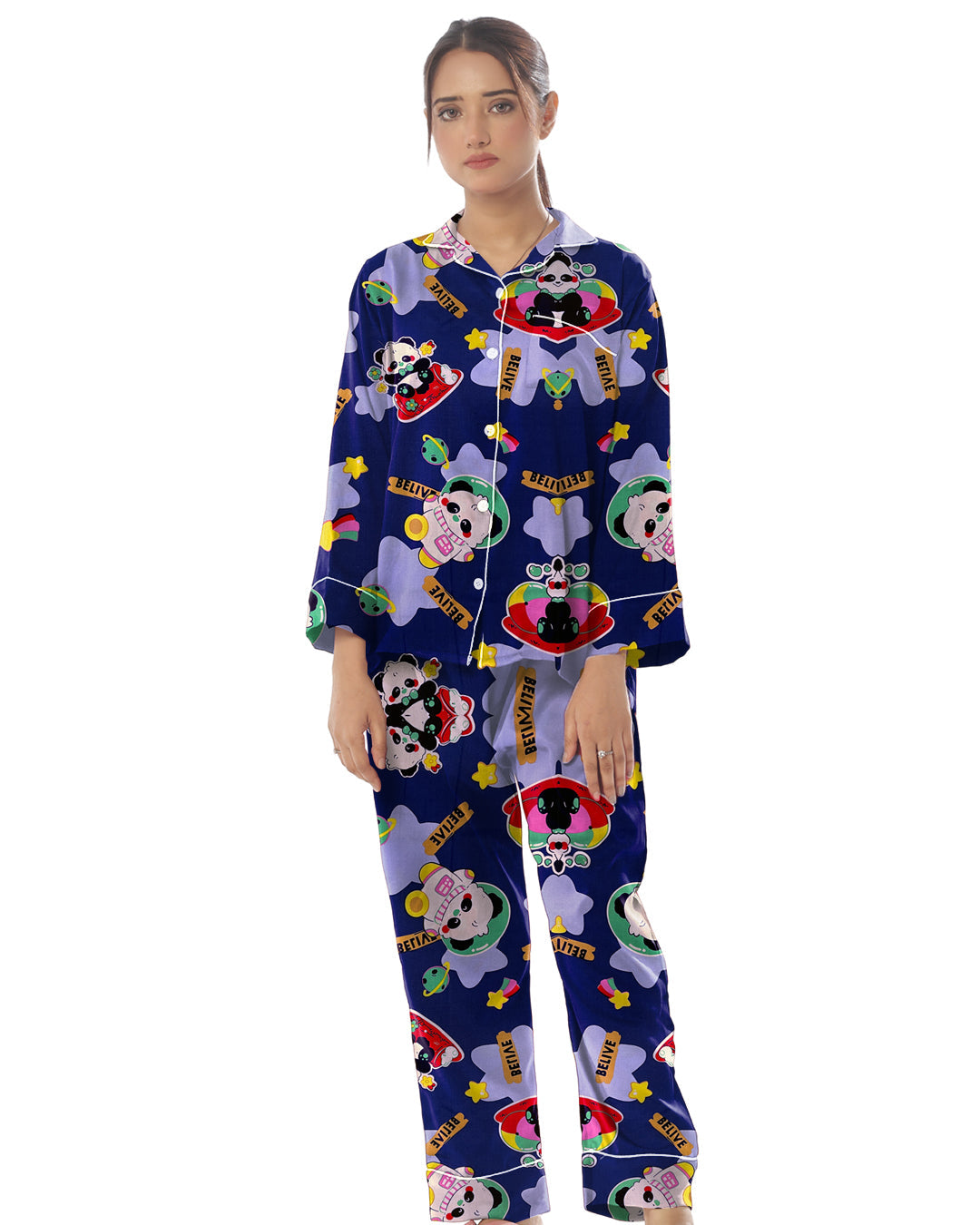 Linen Pajama Suit with Scrunchie - Starry Mood