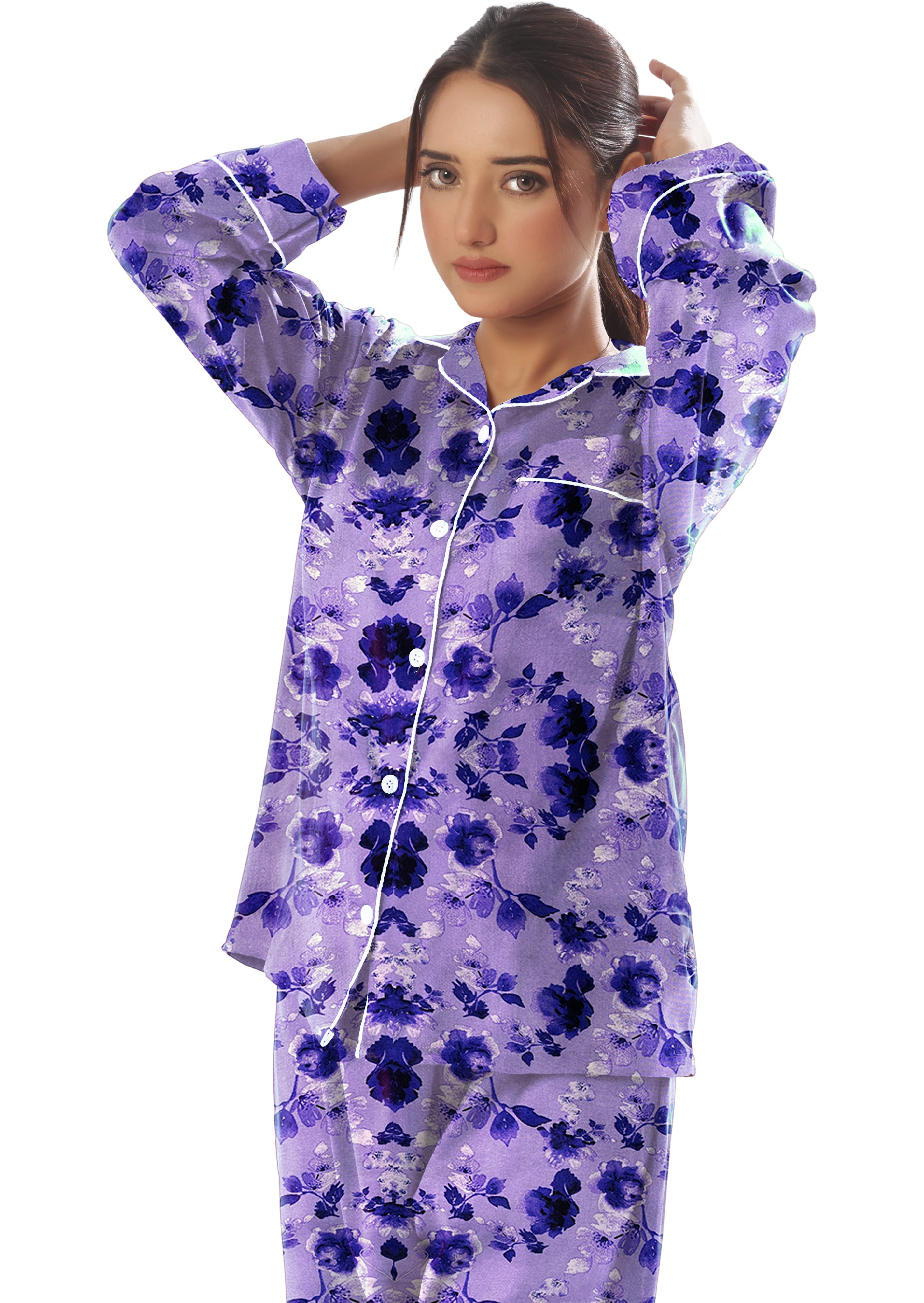 Linen Pajama Suit with Scrunchie - Moonlit Flowers