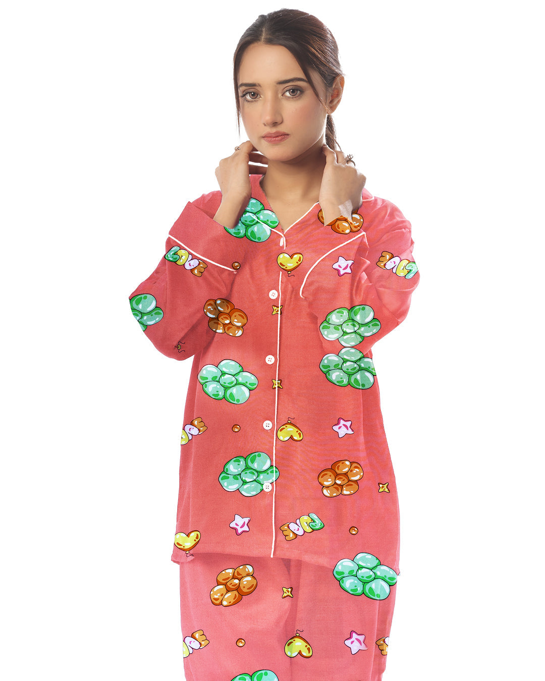 Linen Pajama Suit with Scrunchie - Peach Bliss