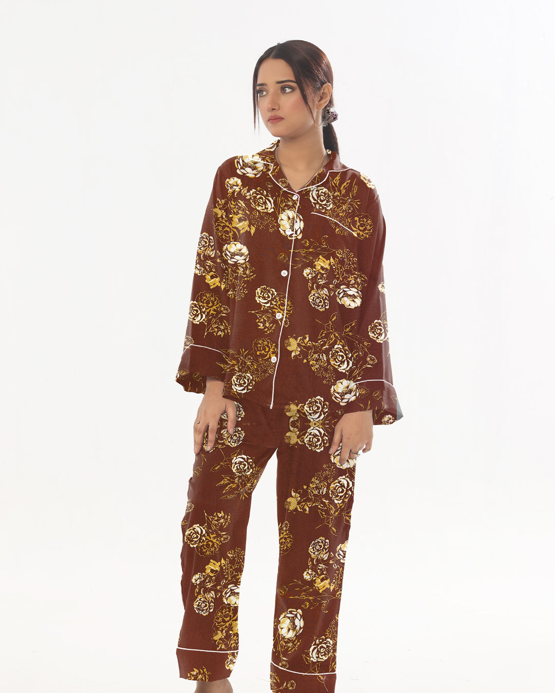 Linen Pajama Suit with Scrunchie - Bronze Bloom