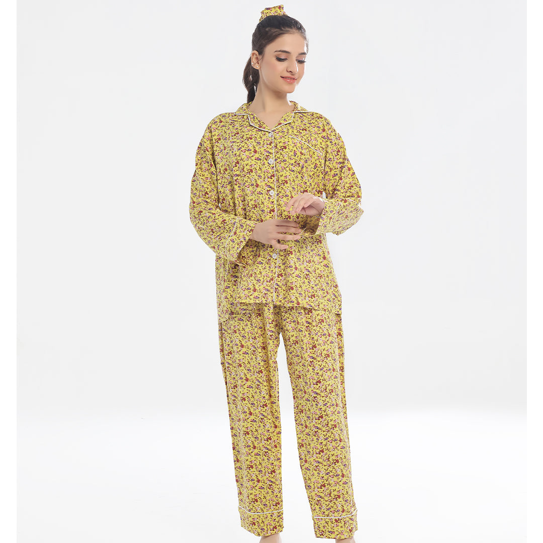 Linen Pajama Suit with Scrunchie - Scarlet Slumber