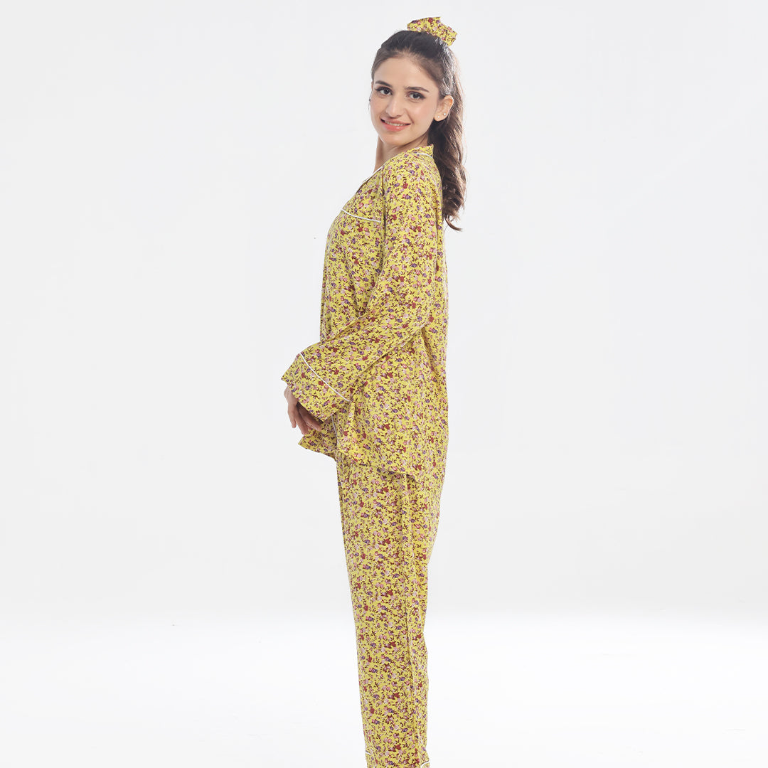 Linen Pajama Suit with Scrunchie - Scarlet Slumber