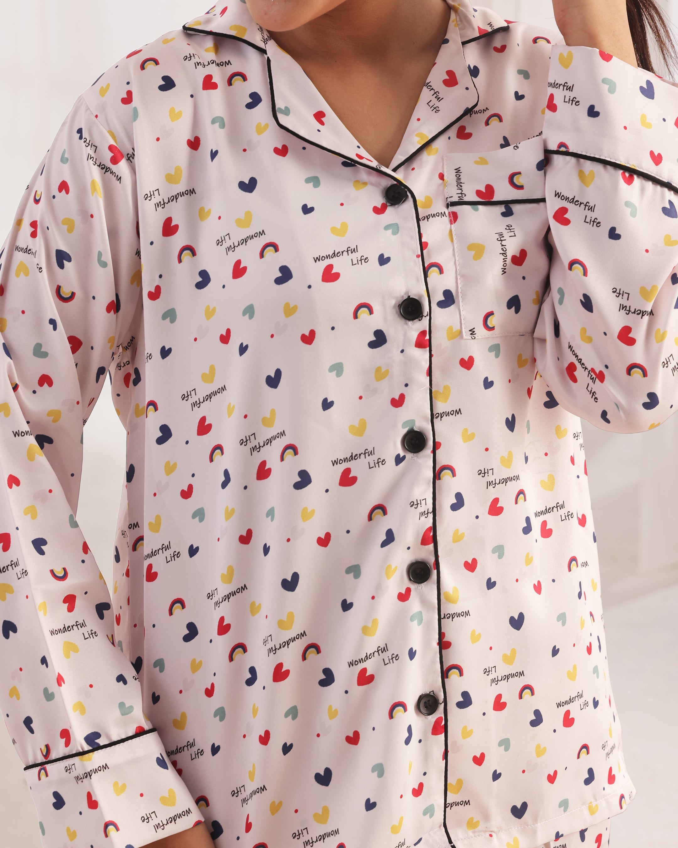 Silk Pajama Suit with Scrunchie - Joyful Hearts