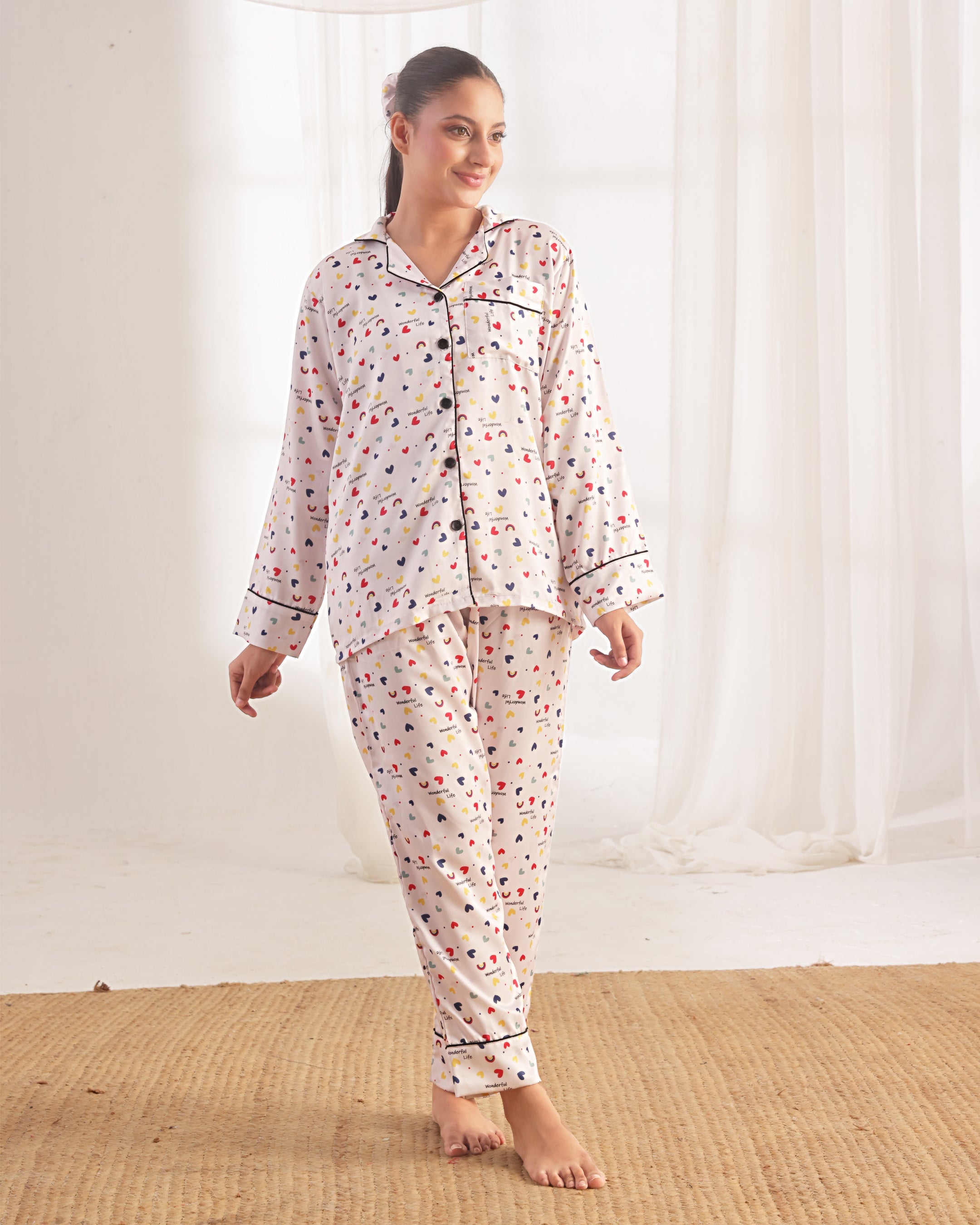 Silk Pajama Suit with Scrunchie - Joyful Hearts