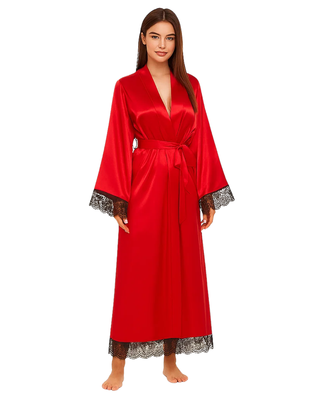 Red satin robe with lace trim on a white background