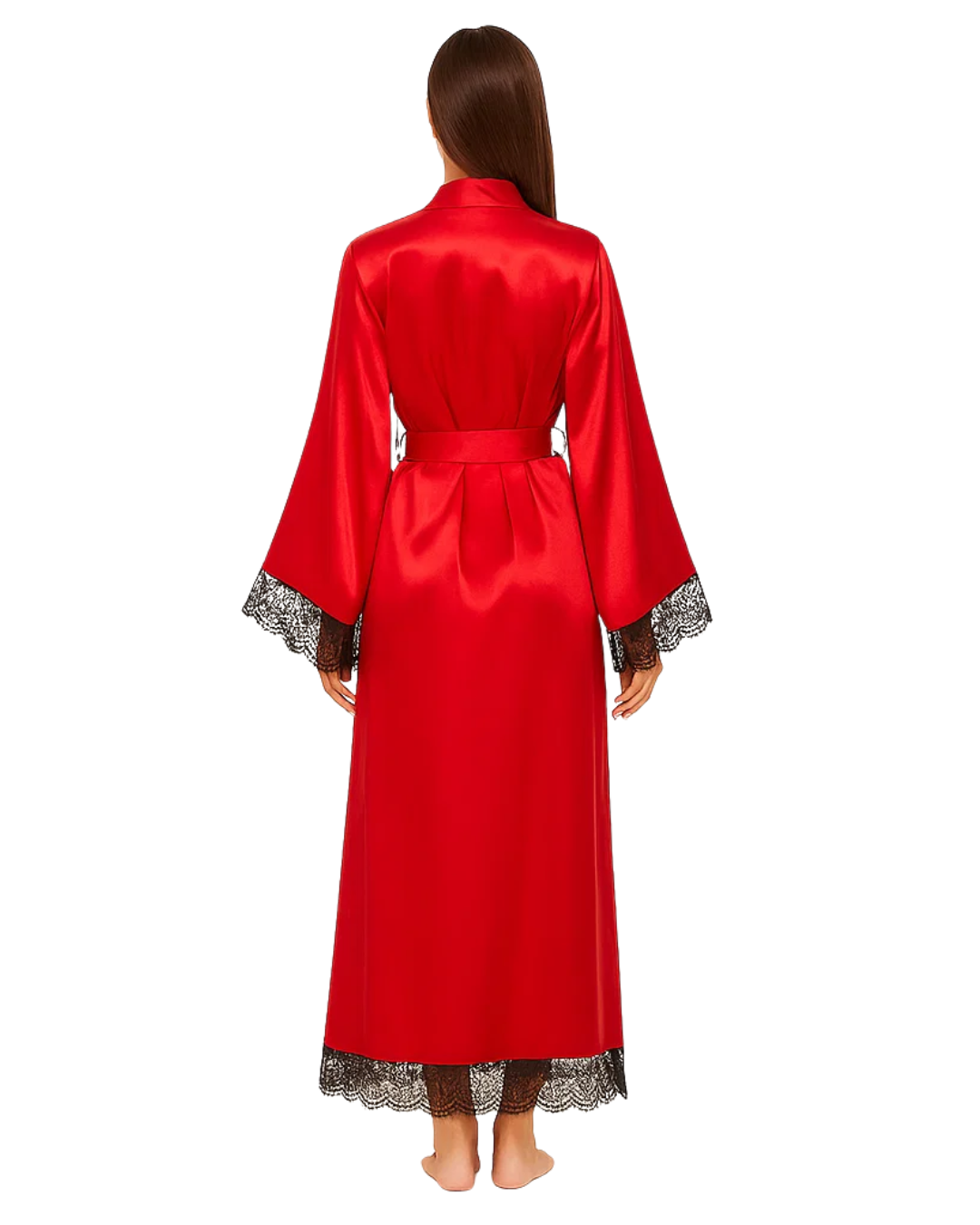 Red satin robe with lace cuffs and hem on a white background