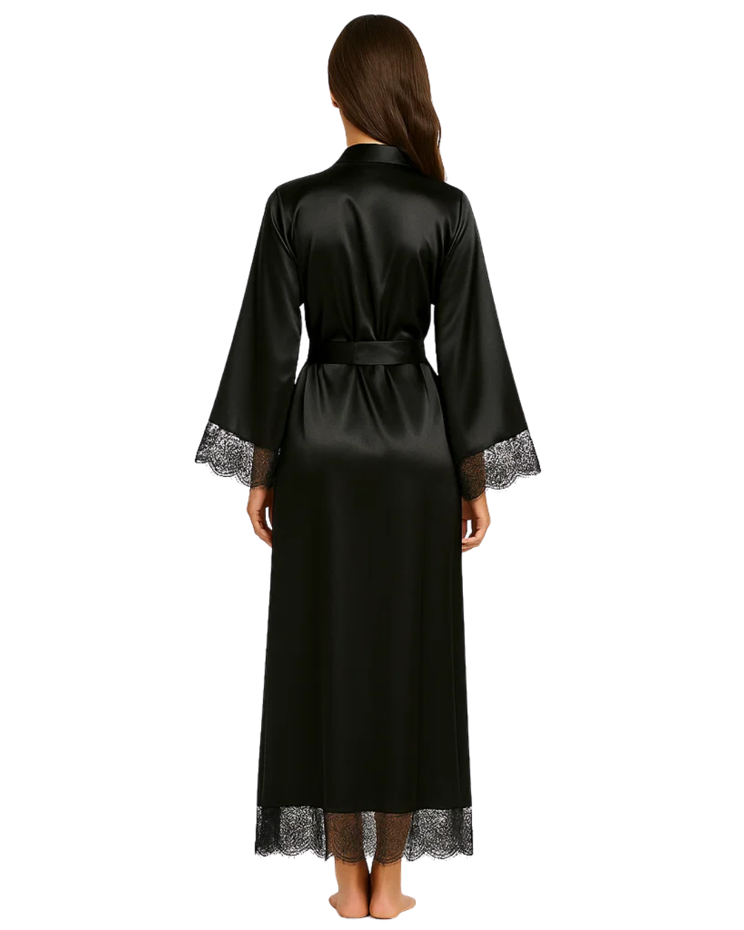 Black satin robe with lace trim on a white background