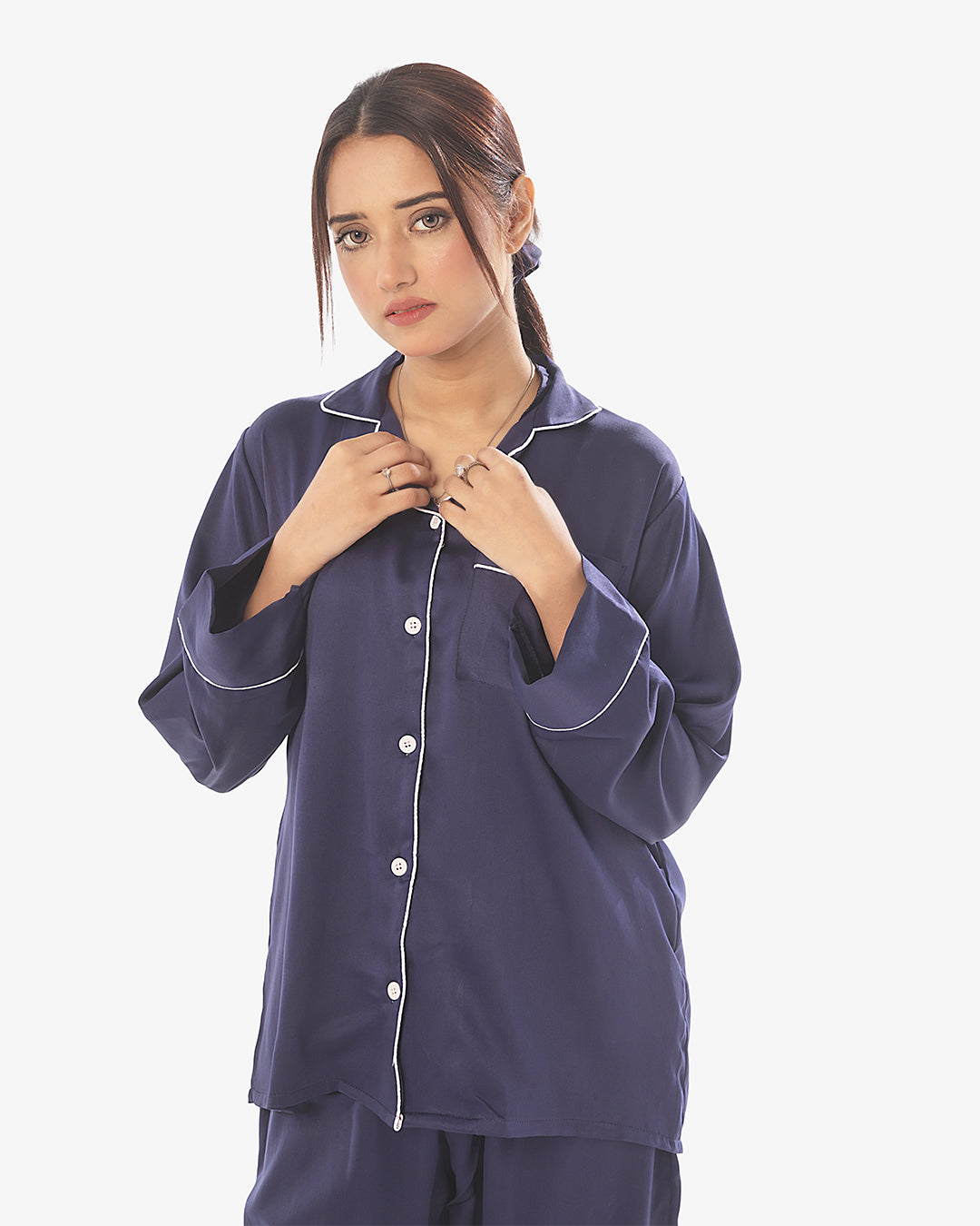 Silk Pajama Suit with Scrunchie - Pearl