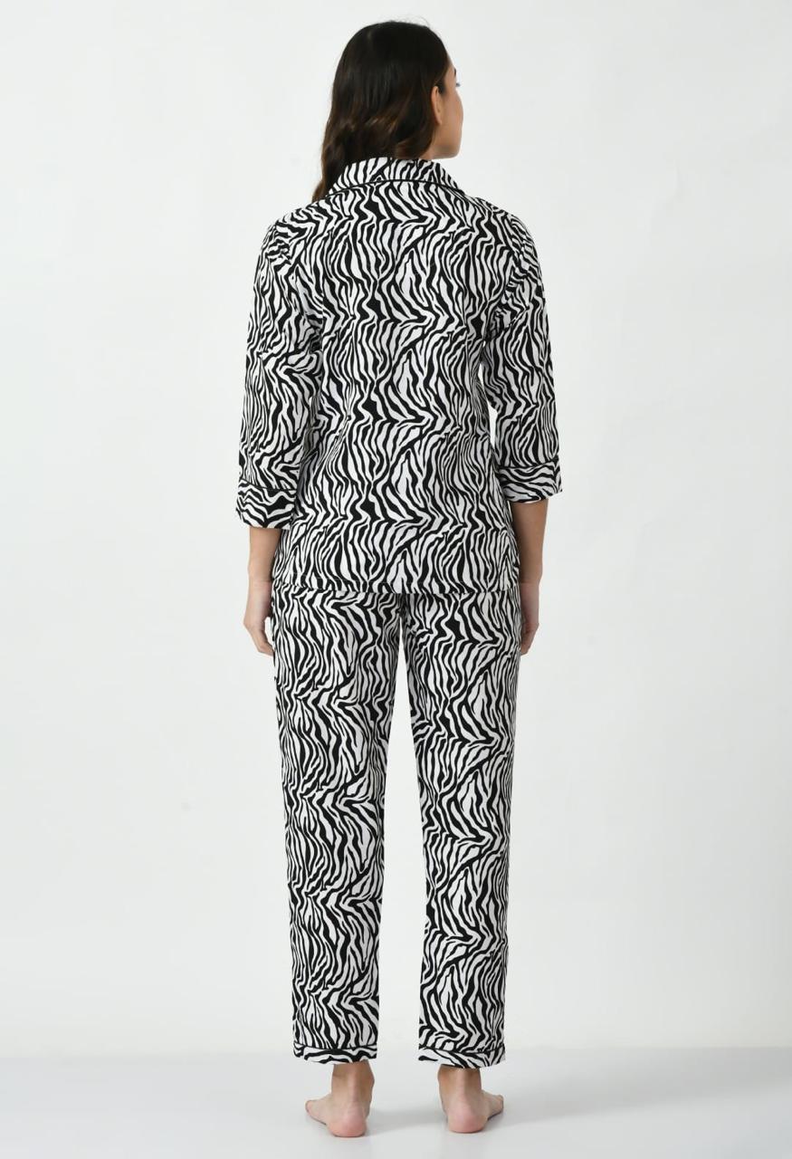 Sajiero Galaxy Printed Pajama Suit Pattern Black zebra printed nightwear