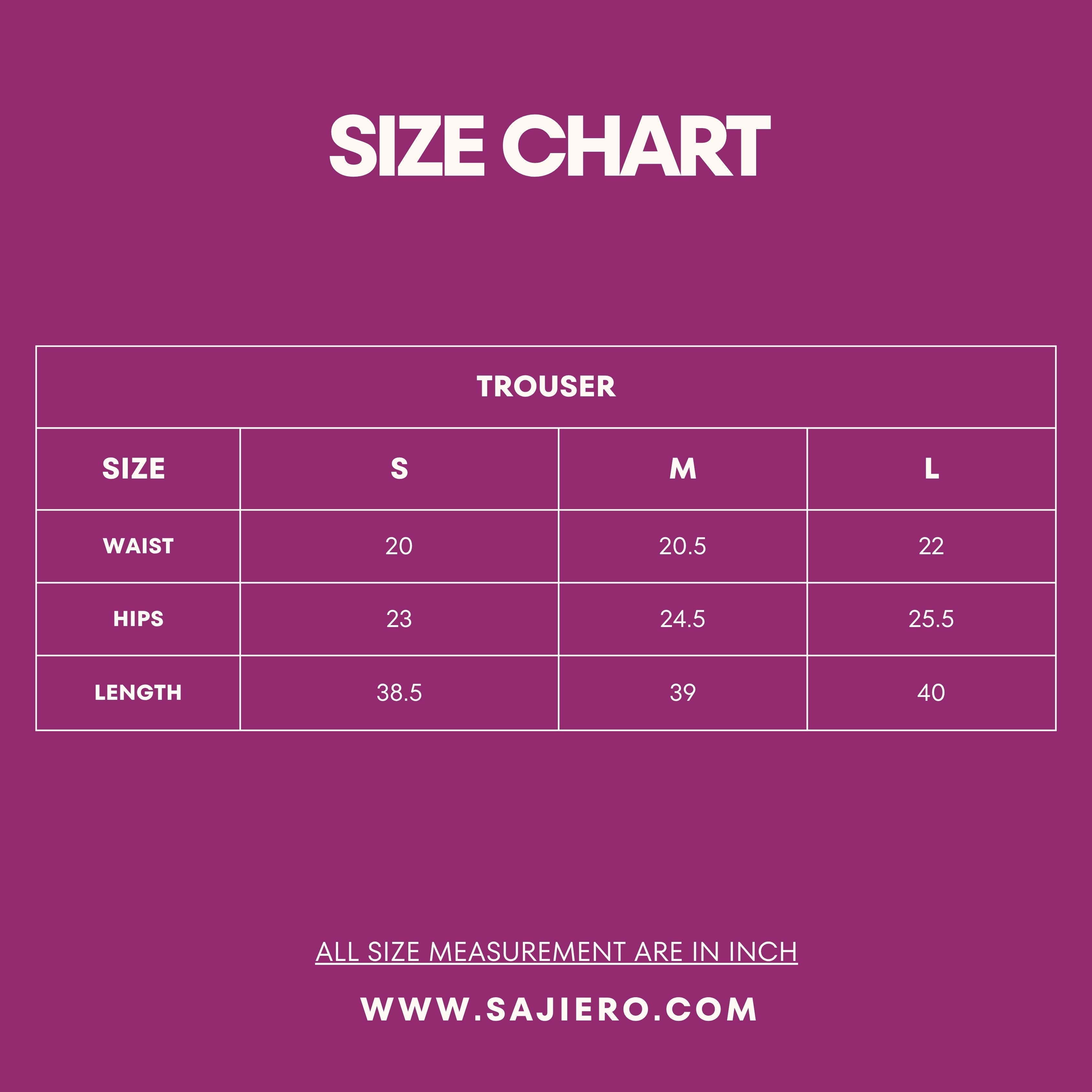 Size chart for trousers with measurements on a purple background